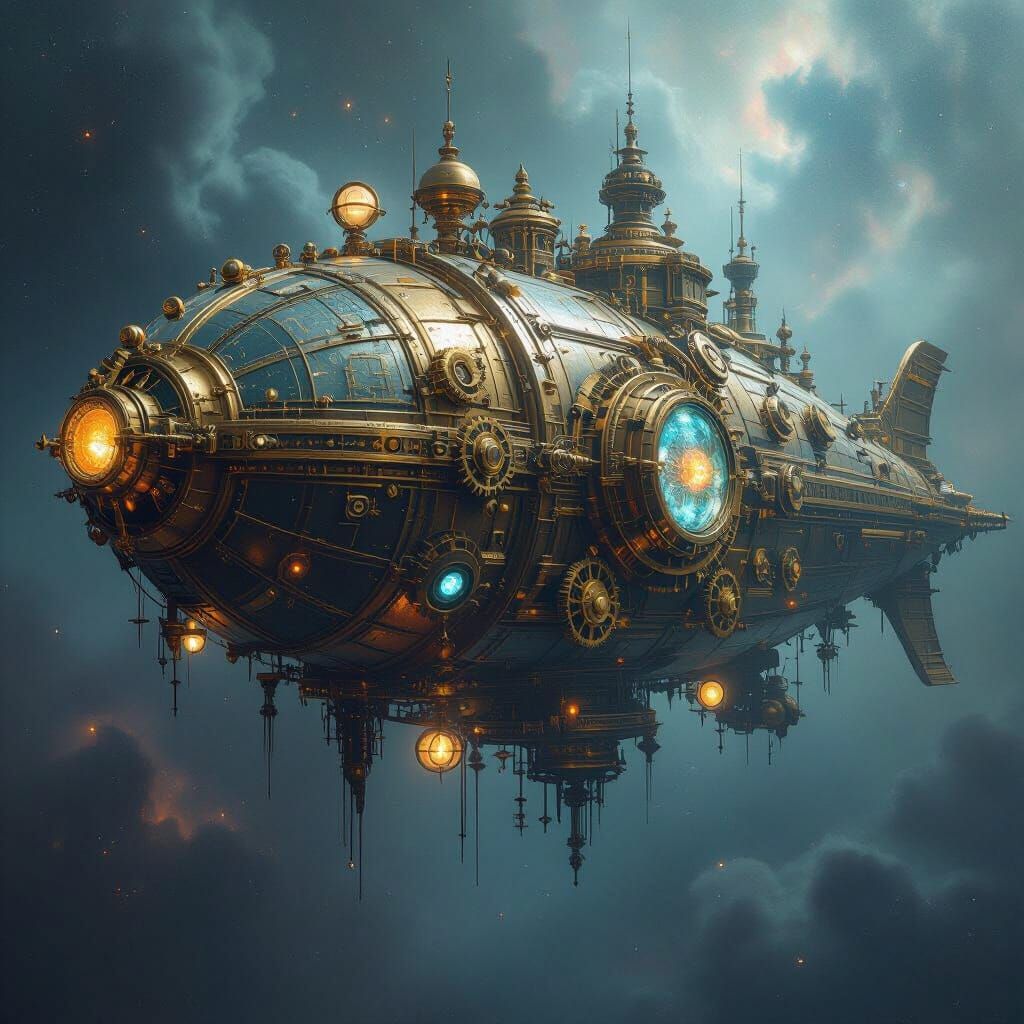 Clockwork Leviathan Drifting Through Space in Steampunk Styl...