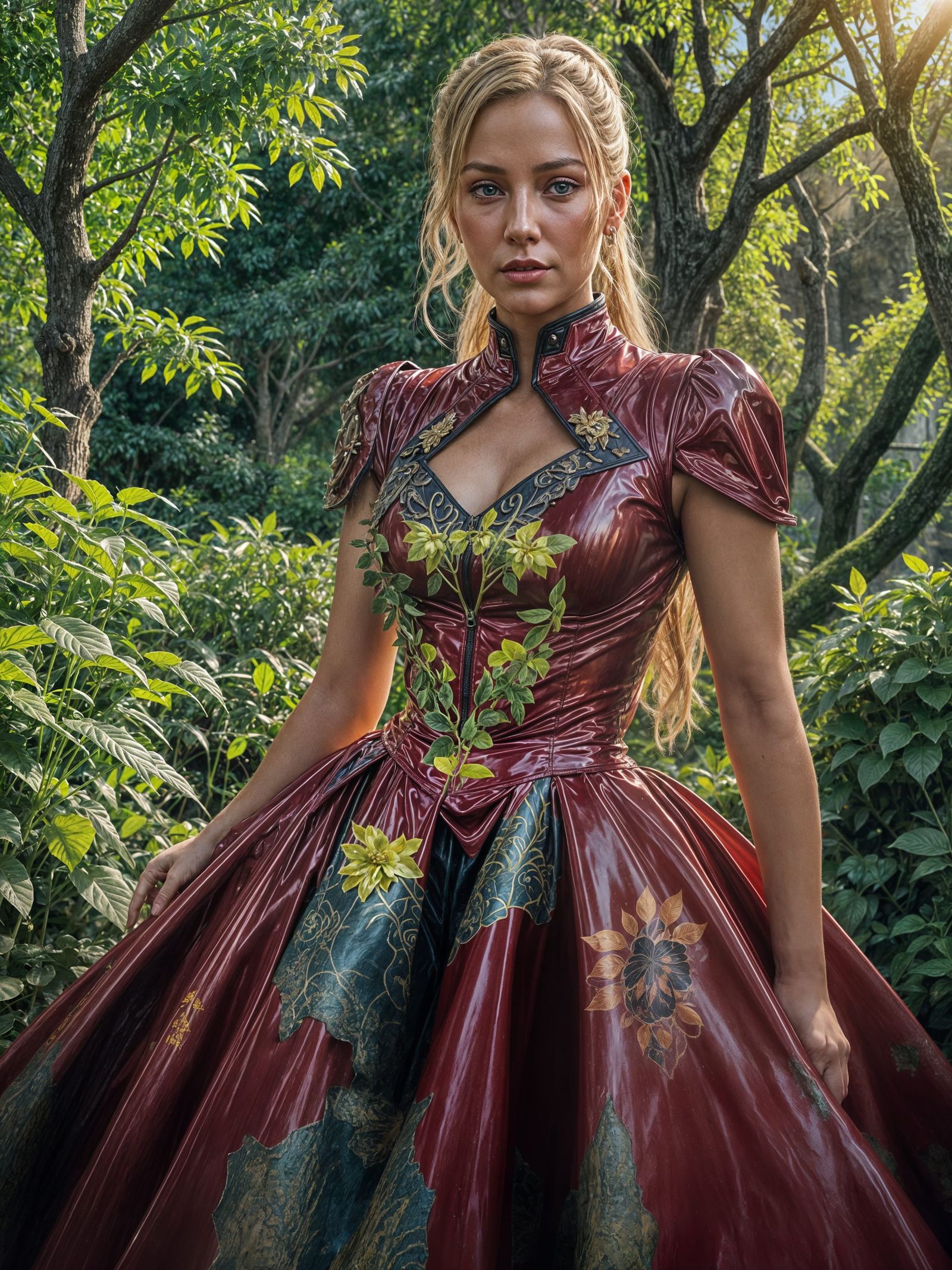 Fantasy Garden Ballroom with Woman in Red Latex Dress