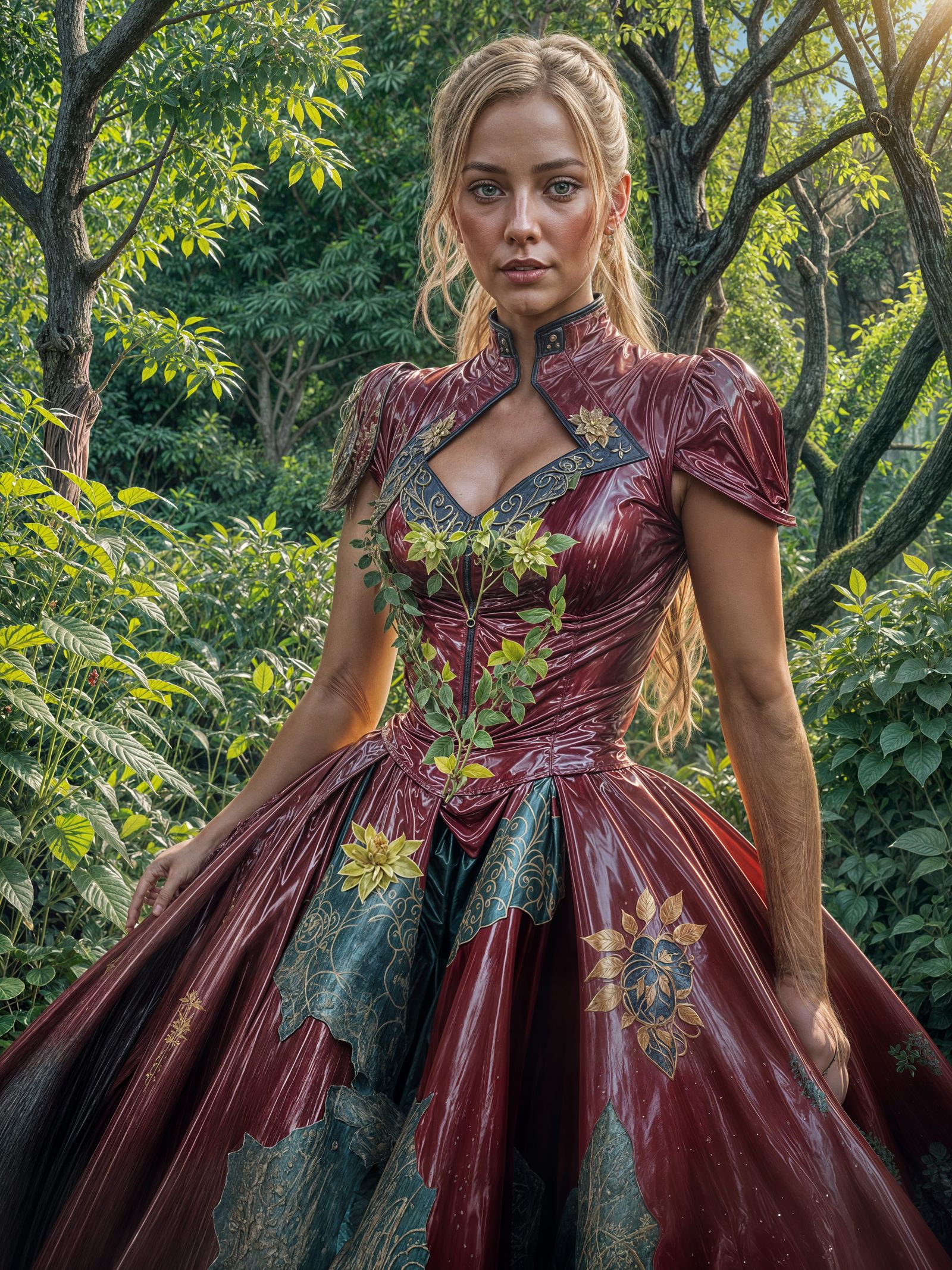 Fantasy Garden Portrait of Woman in Red Latex Dress