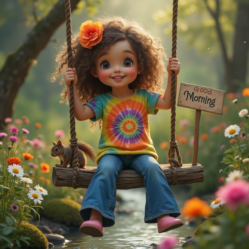 Hippie Girl on Forest Swing with Flowers