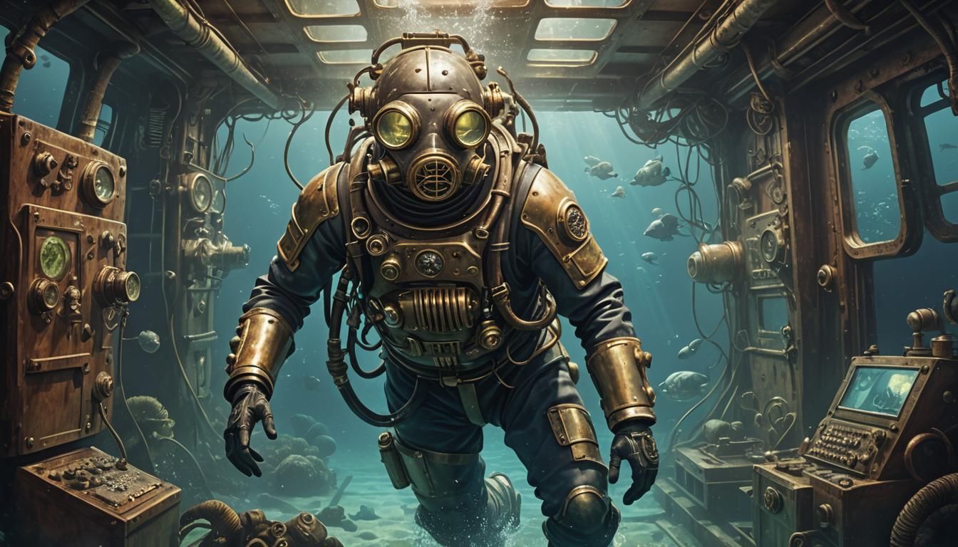 Dieselpunk Diver Explores Sunken Ship