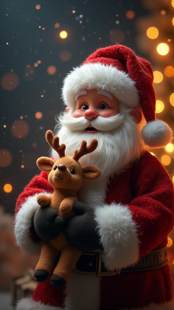 Cute Santa Holding Baby Reindeer with Magical Lights