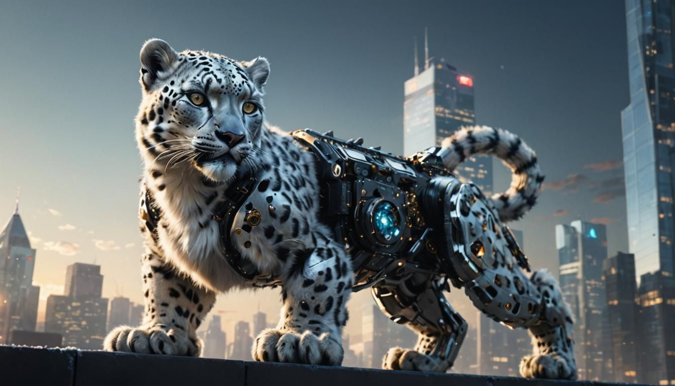 Snow Leopard Cyborg on Skyscraper in Sci-Fi Art
