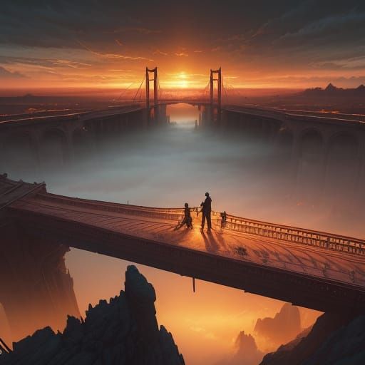 Epic Sunset Duel on a Majestic Bridge in a Cinematic Digital...
