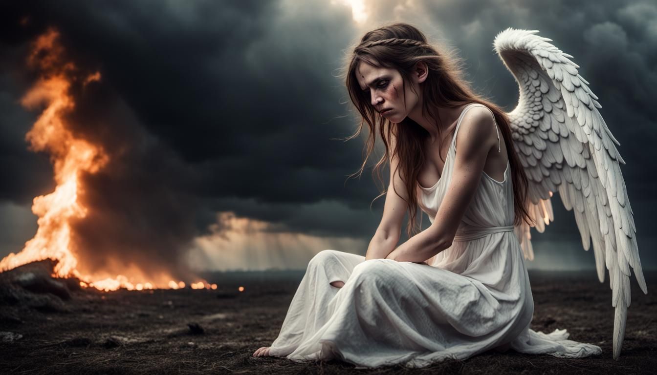 Fallen Angel Crying on Battlefield in 4K