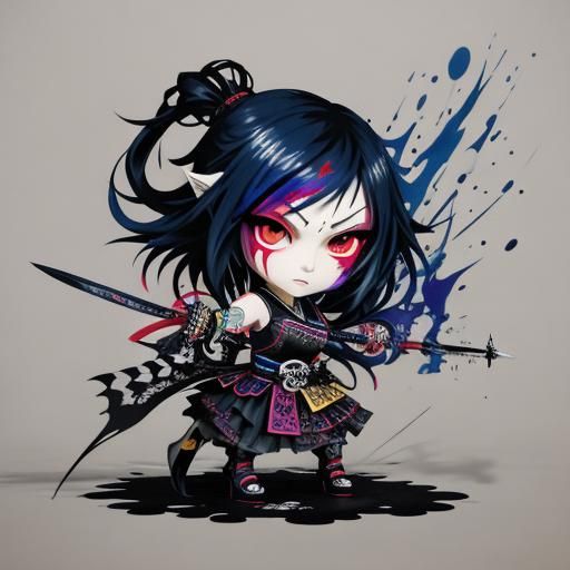 Vibrant Chibi Gothic Girl with Swords as Graffiti Art