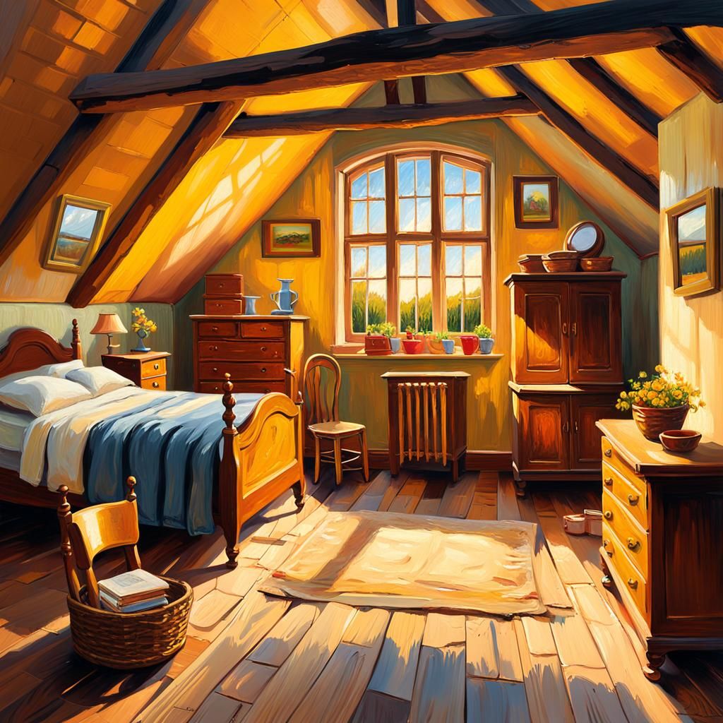 Attic Bedroom Supported by Old Timbers: Oil Painting