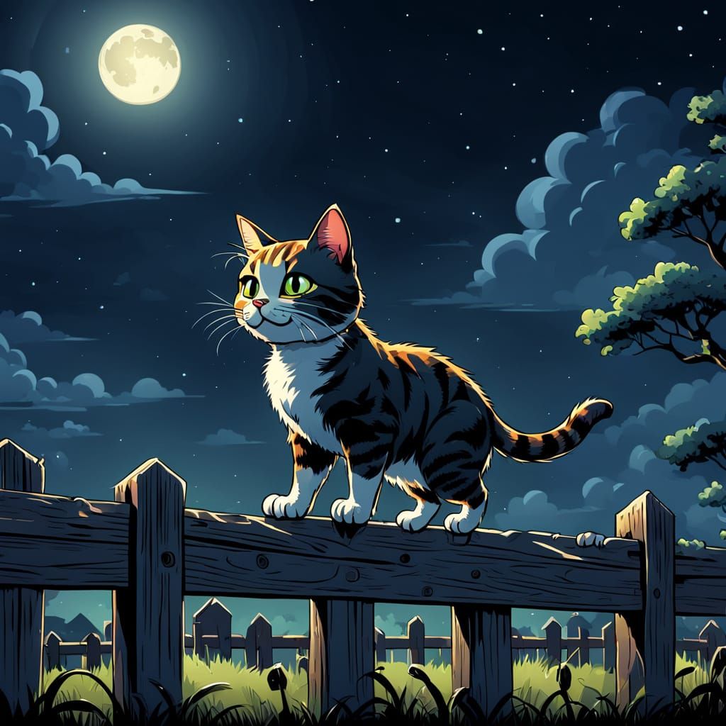 Cartoon Cat Walks on Fence at Night