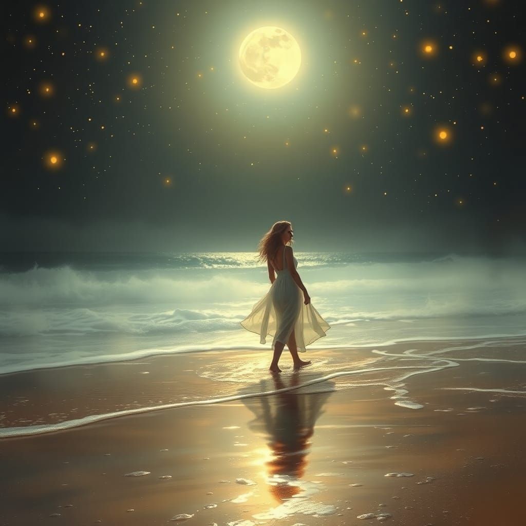 Moonlit Beach Serenity in Kinkade Style