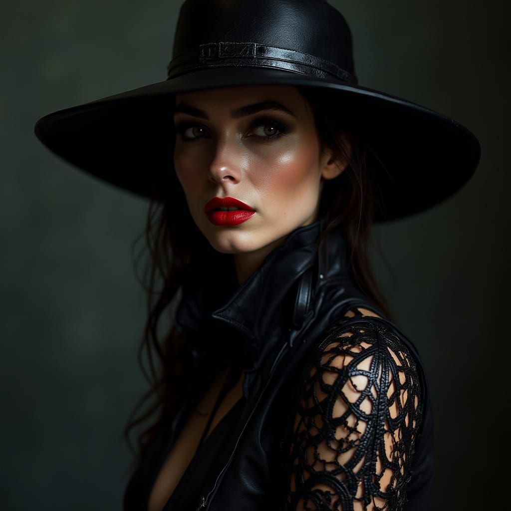 Elegant Assassin in Leather, Dramatic Lighting