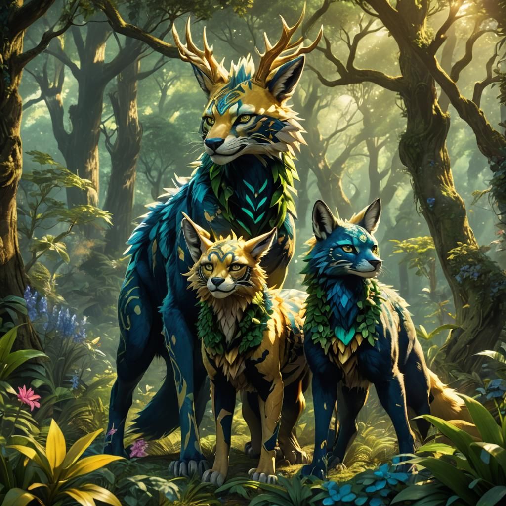 Zeraora Family in Lush Forest: Fantasy Concept Art