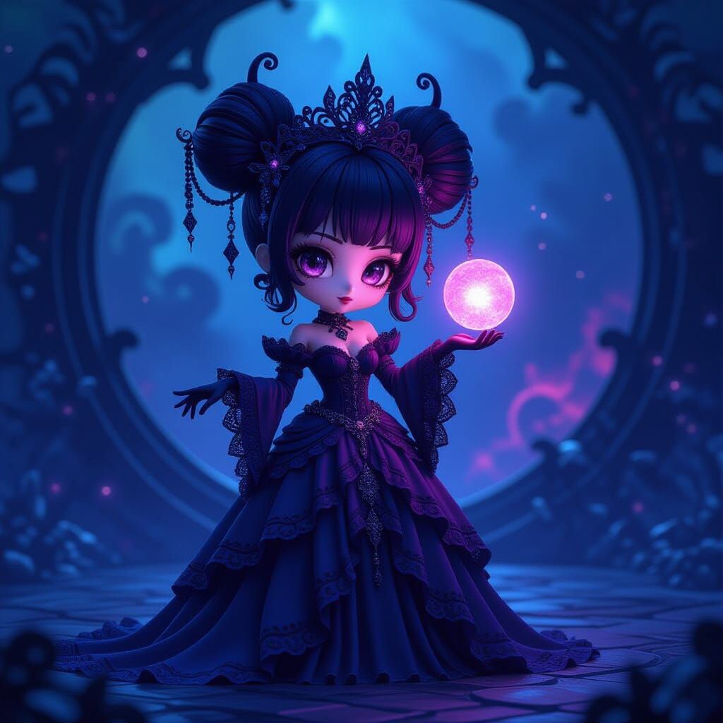 Chibi Chao Queen in Gothic Dress Holding Nebula Orb