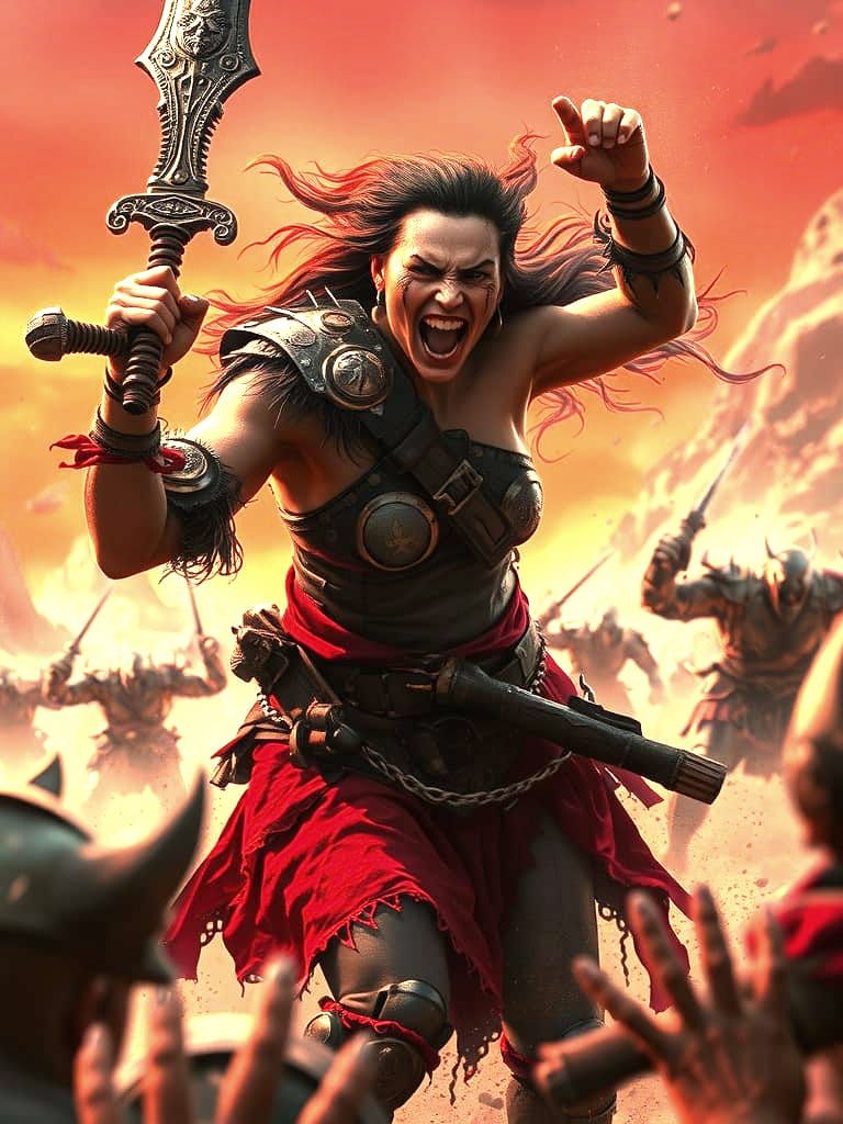 Surreal Dark Fantasy Female Warrior in Orc Battle, Desert La...