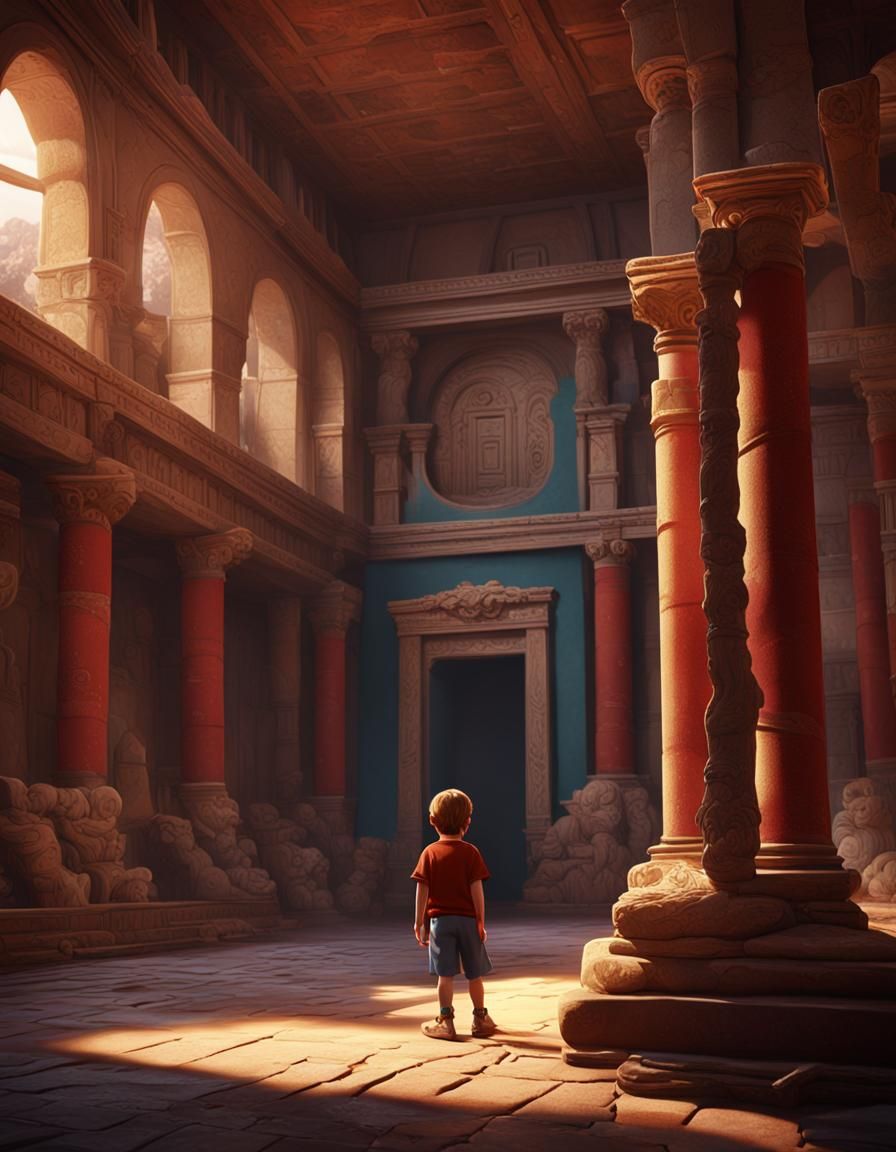 Child in Empty Roman Room, Cartoon Style