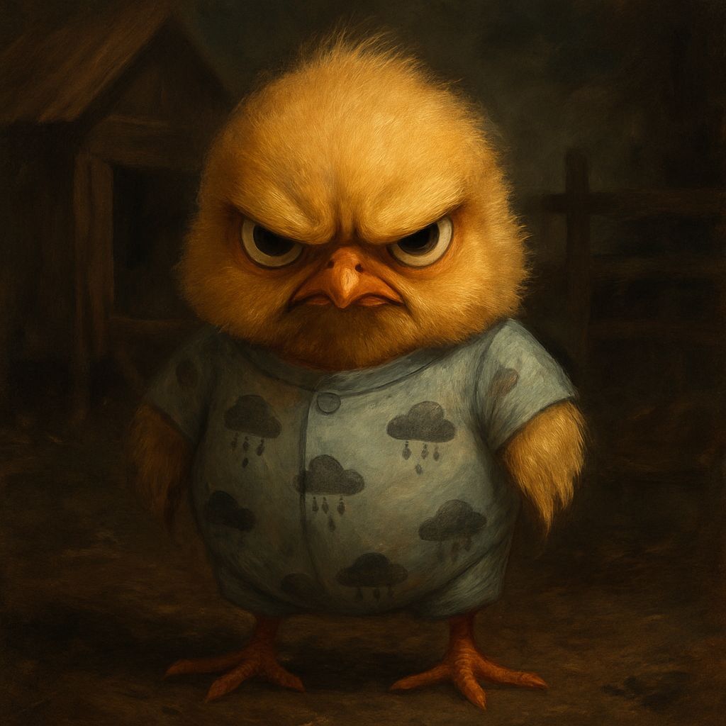 Grumpy Chicken in Raincloud Onesie