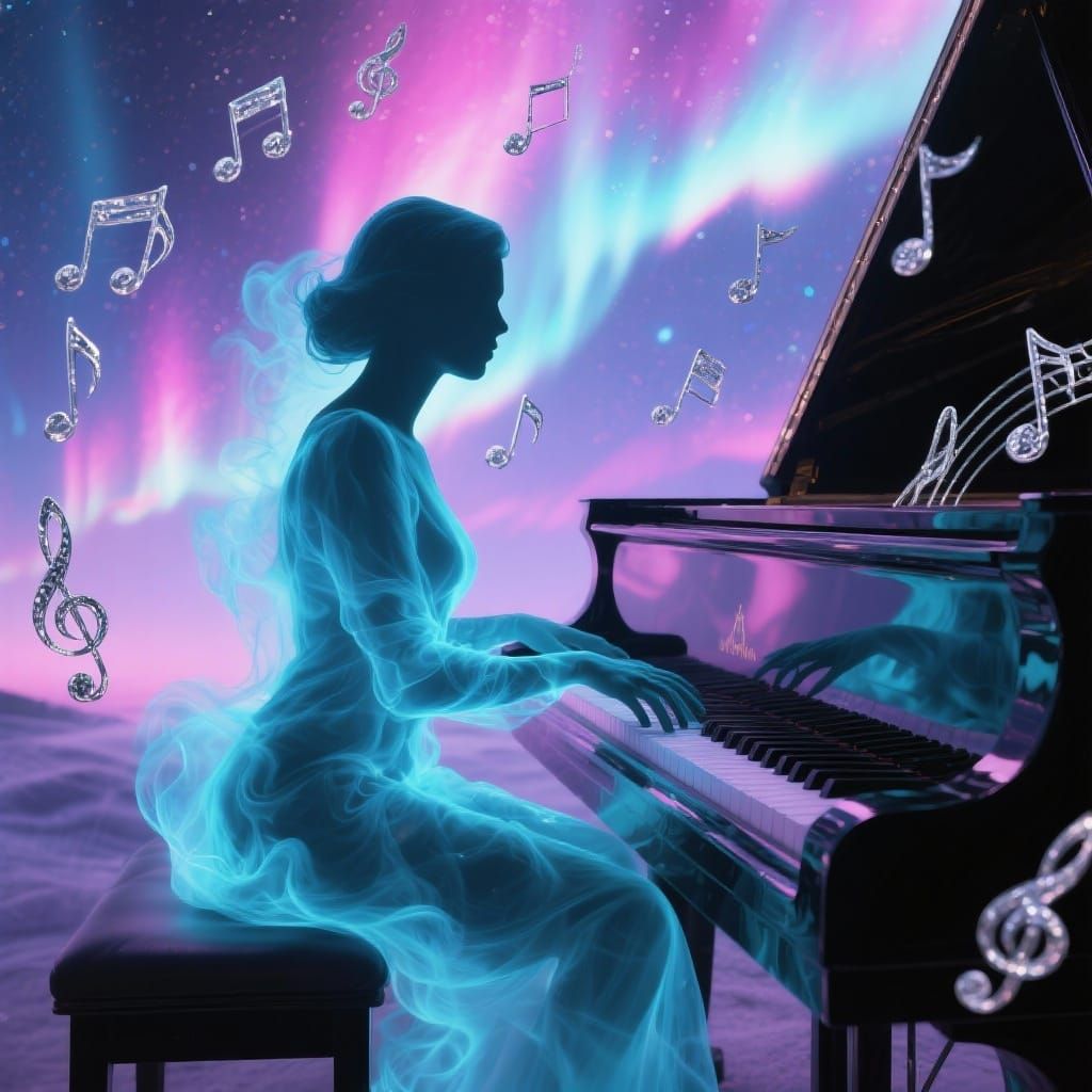 Ethereal Smoke Woman Plays Piano Under Aurora Borealis