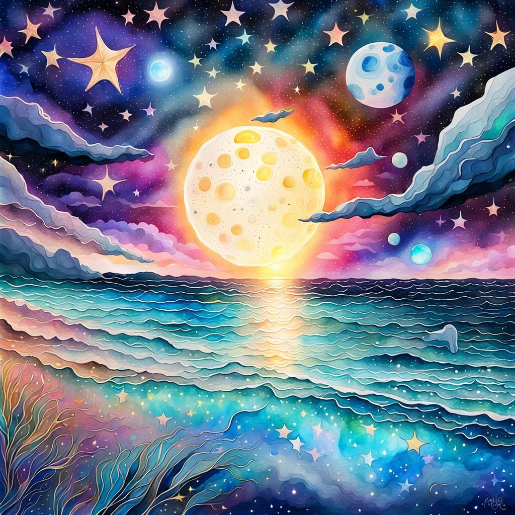 Watercolor Beach at Night with Astral Reflections