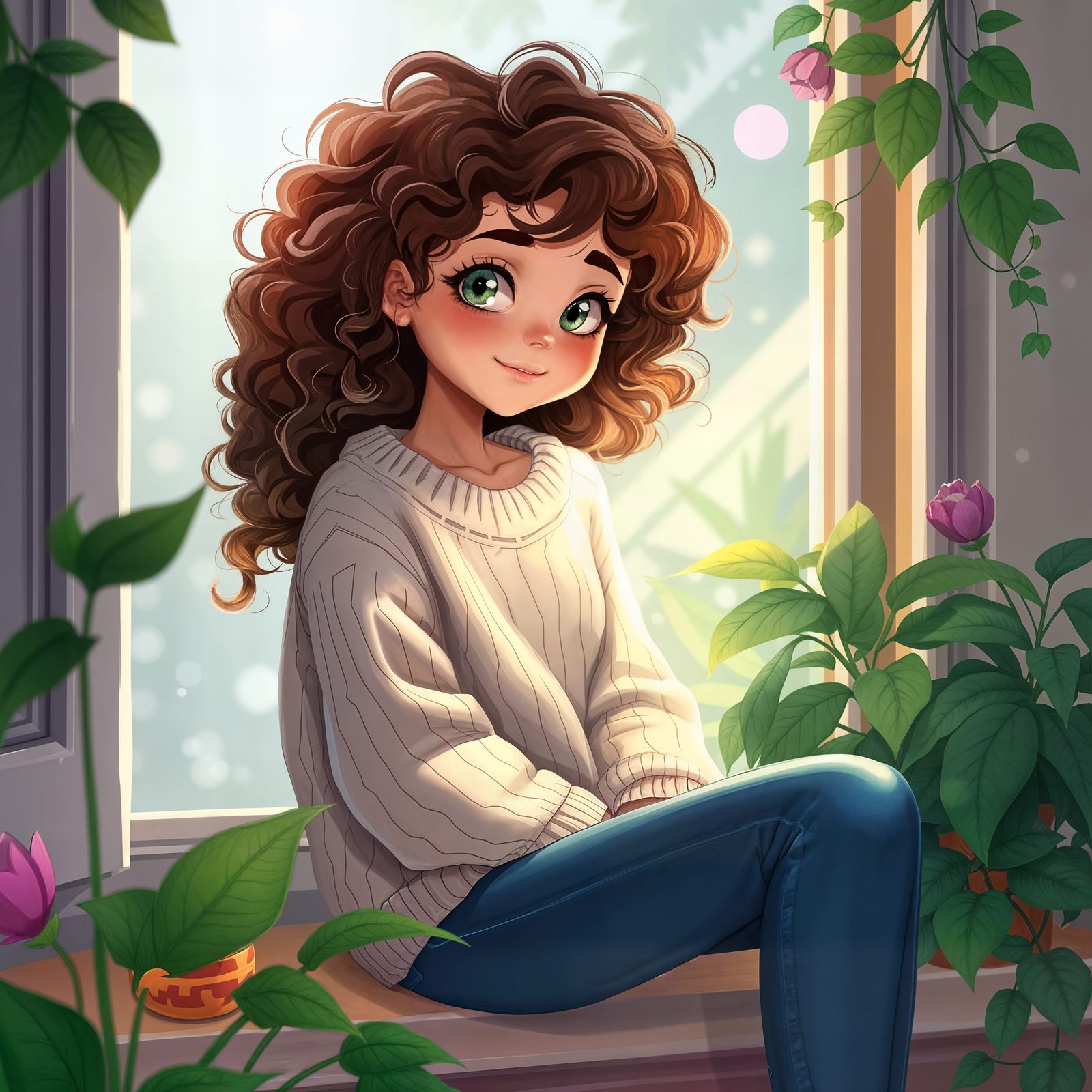 Young Woman on Windowsill in Whimsical Style