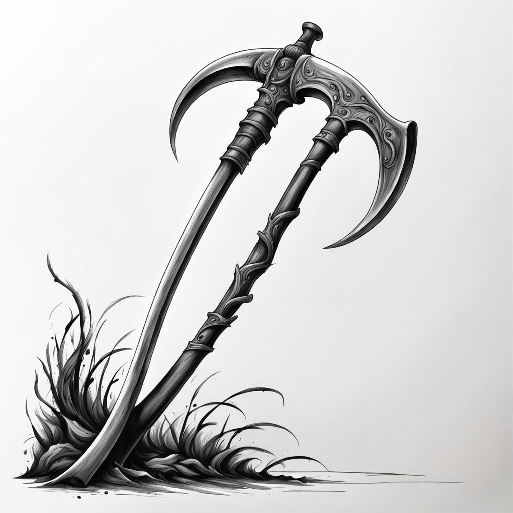 Detailed Scythe Sketch in Black and White