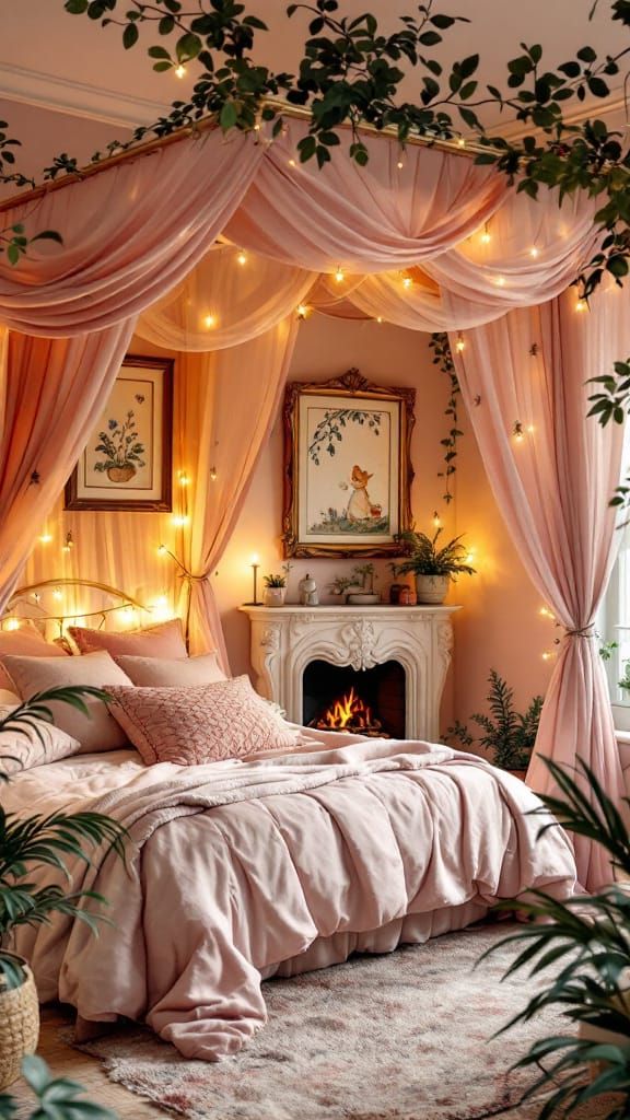 Cozy Rose Bedroom with Canopy Bed and Fireplace
