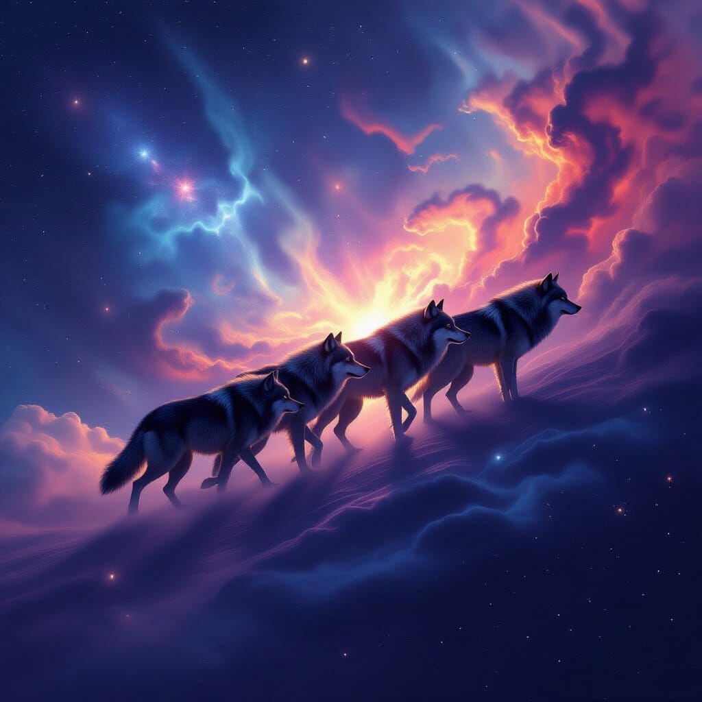 Majestic Wolf Pack in Swirling Nebula