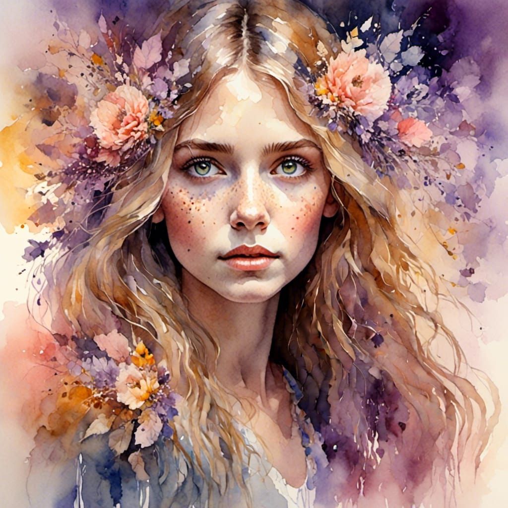 Pensive Woman with Large Eyes in Watercolor Style