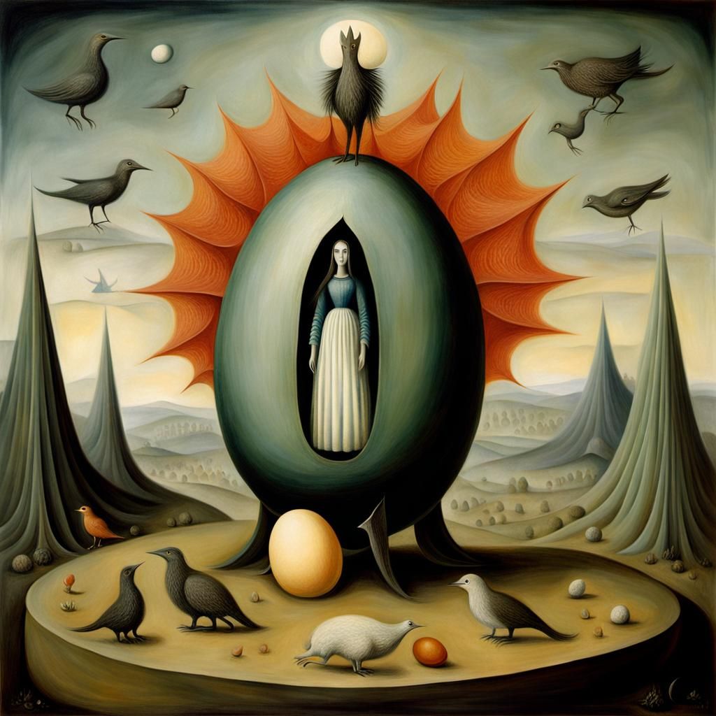 Surrealist Giantess Guarding an Egg Oil Painting