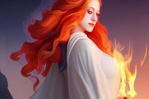 Redhead Sorceress Casting Fire Spell in Medieval Town