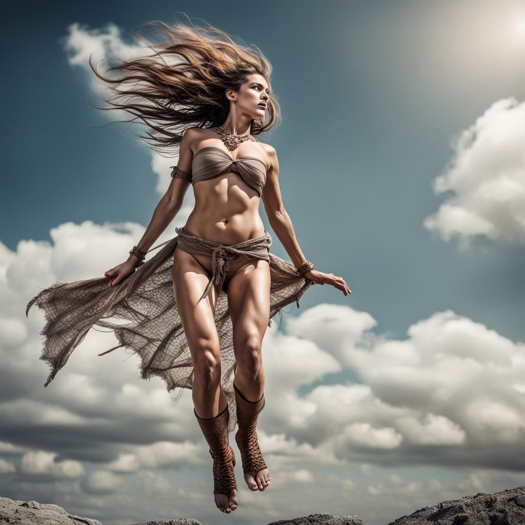 Provocative Woman Flying in Clear Sky: Hyperrealistic HDR