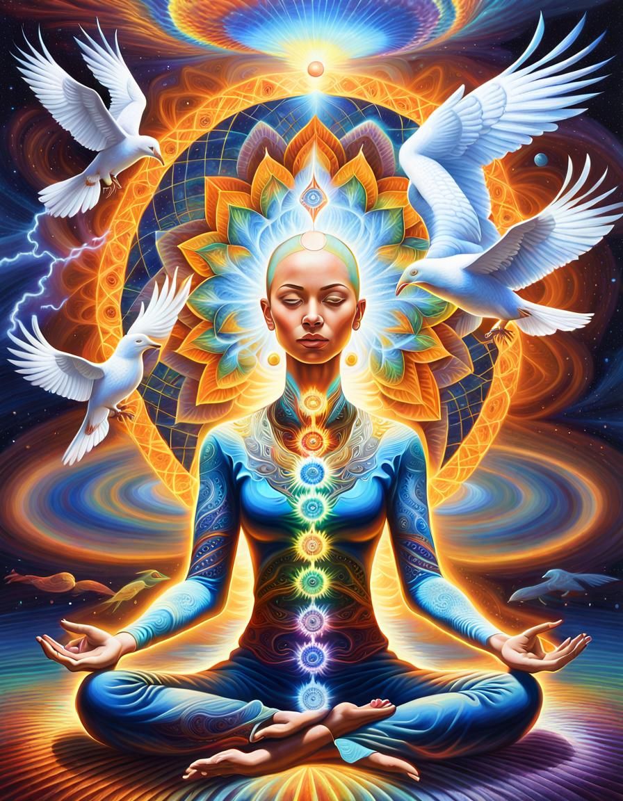 Meditating Woman with Chakra Lights in Fractal Style