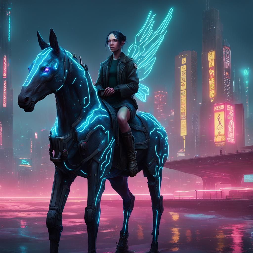 Cyberpunk Kelpie Fairy in Neon Cityscape