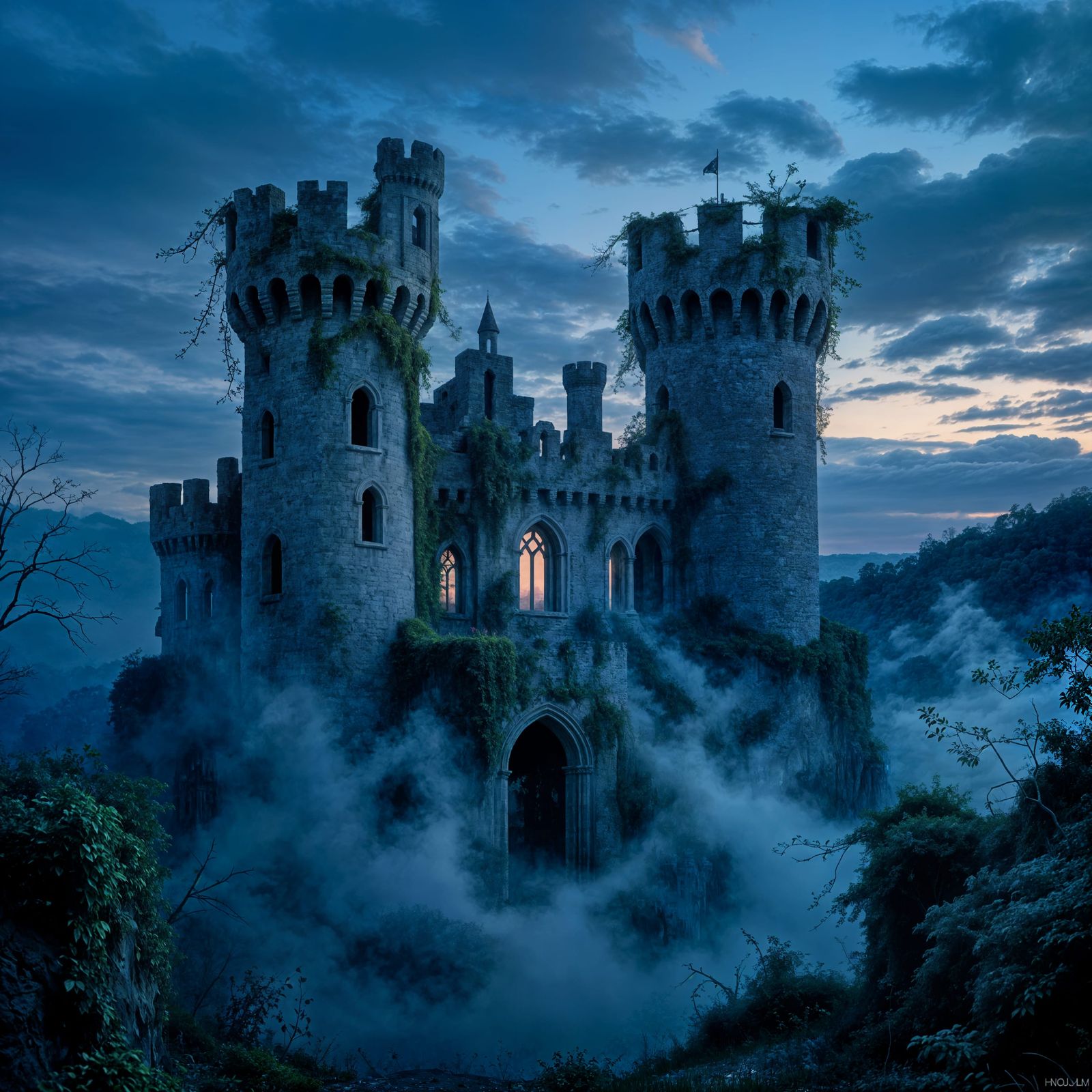 Majestic Ancient Castle Silhouetted Against Twilight Sky