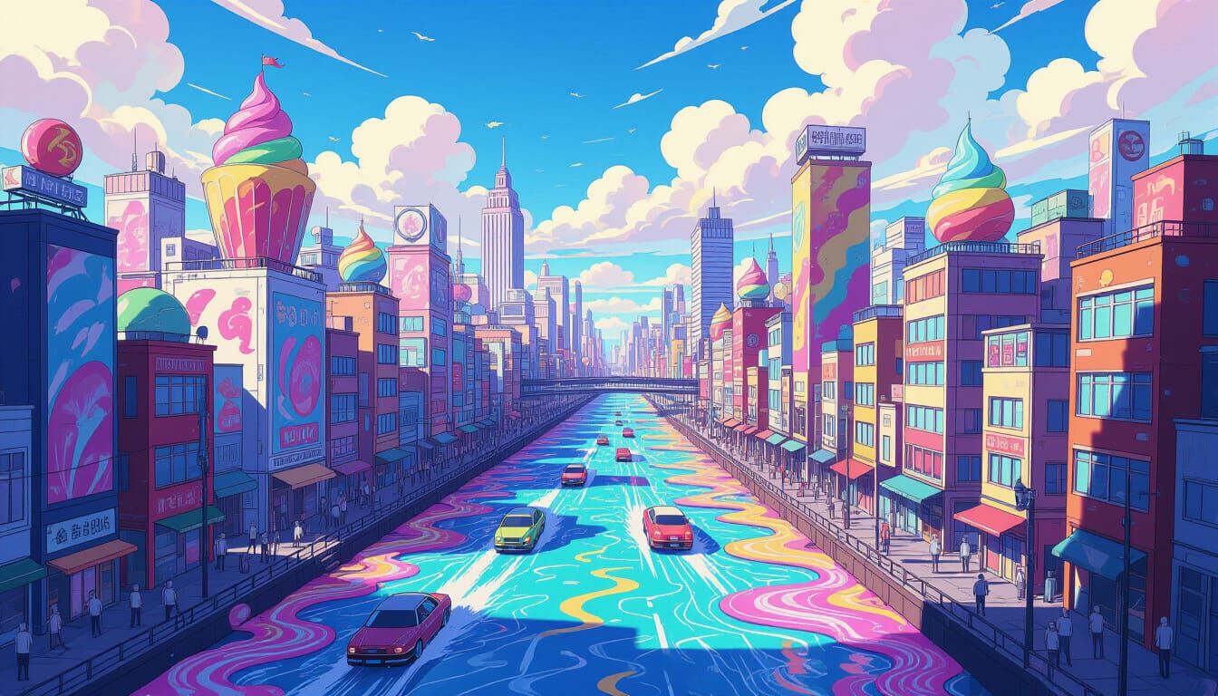 Vibrant Liquid Cityscape in Dynamic Anime Style