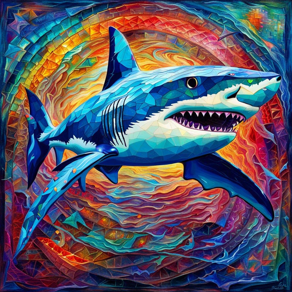 Shark in Tile Art Style as Palette Knife Painting