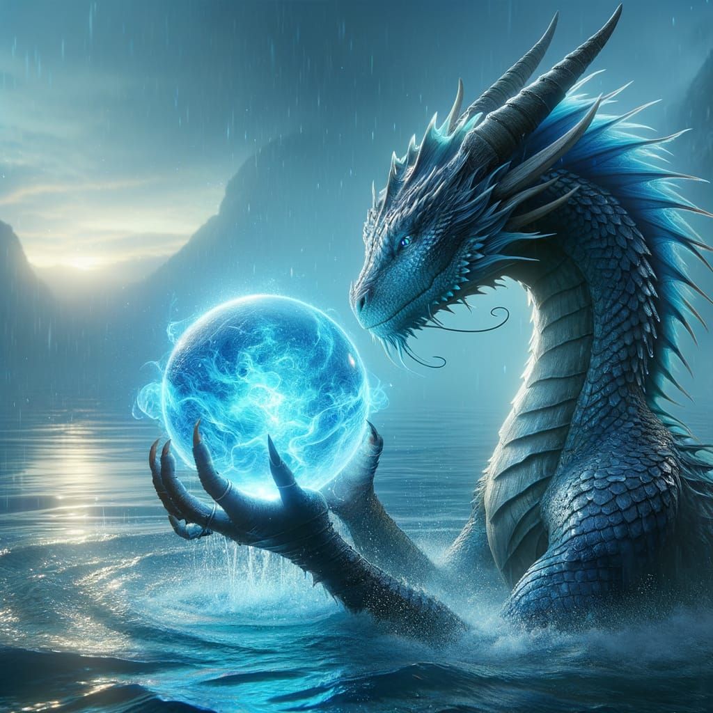 photorealistic water dragon holding a blue energy glowing orb, water background, epic, cinematic, 16K, 32K