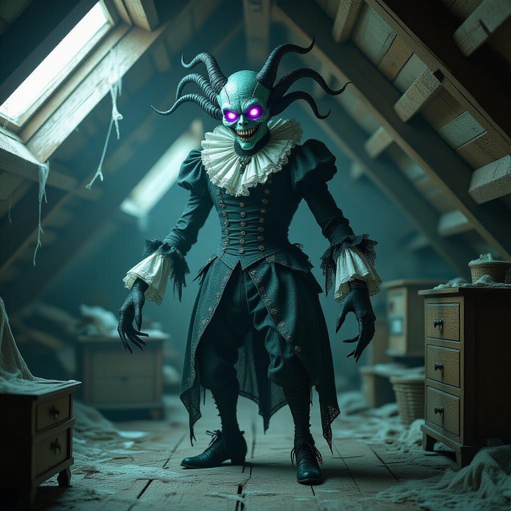 Grotesque Victorian Creature in Dark Surrealist Attic
