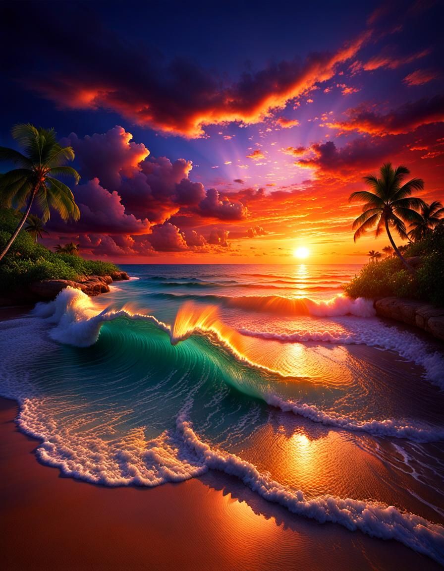 Tropical Beach Sunset in Hyperrealistic Digital Illustration