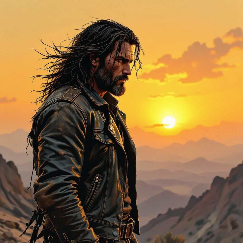 Rugged Biker at Sunset in Western Style