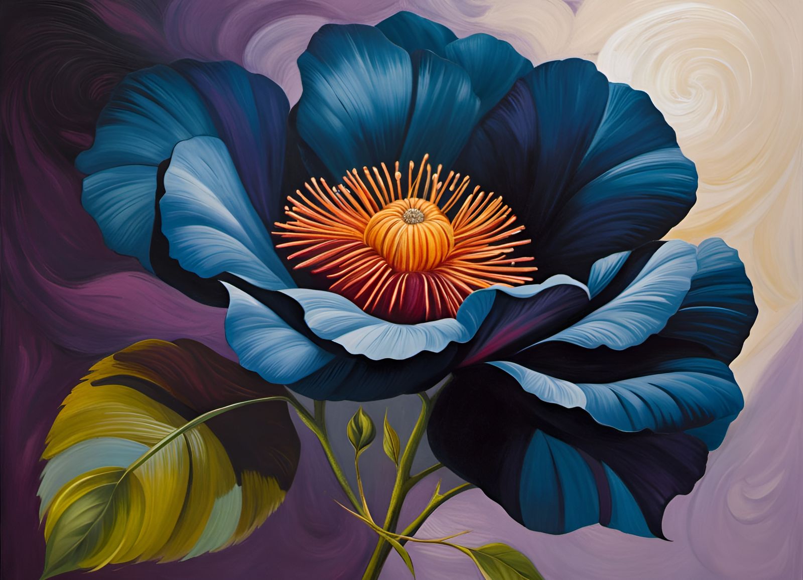 Dark Rose Impasto Oil Painting with Abstract Elements