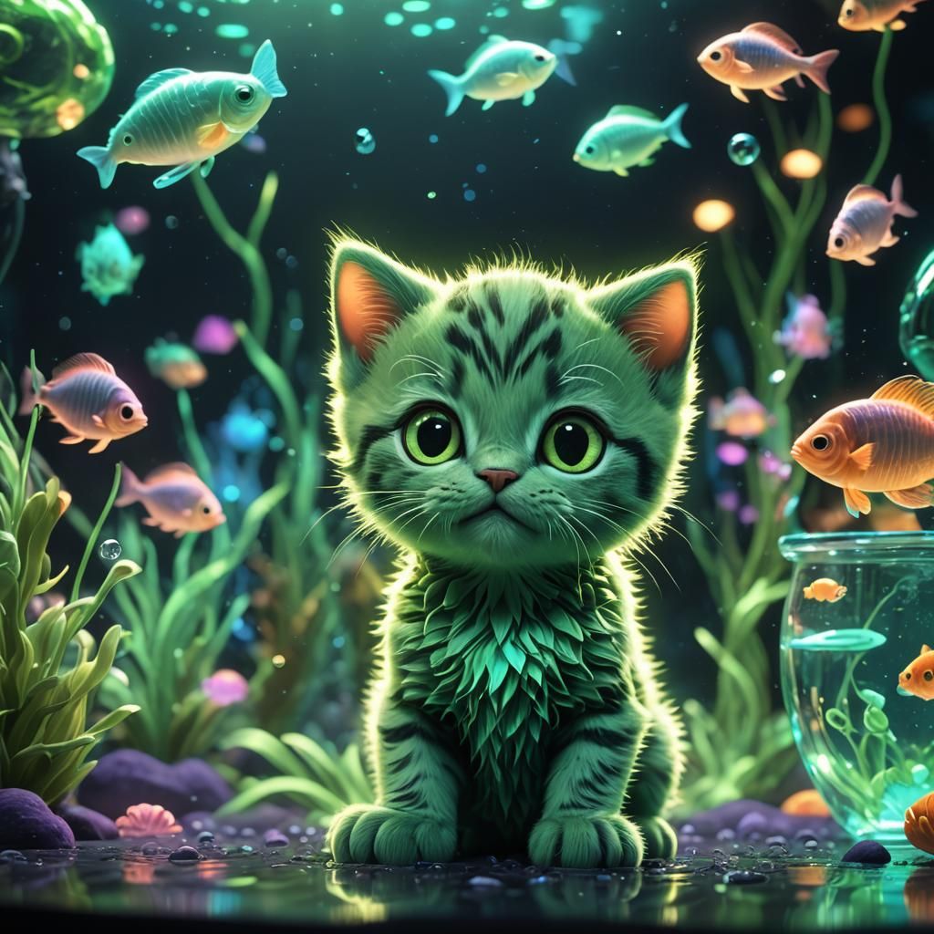 Bioluminescent Kitten Watches Glowing Fish: 3D Digital Art