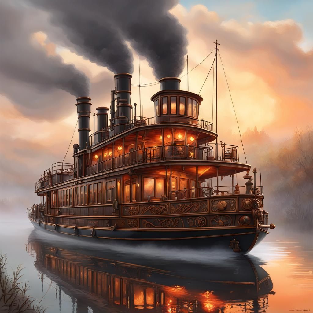 steampunk steamboat river in winter wonderland
