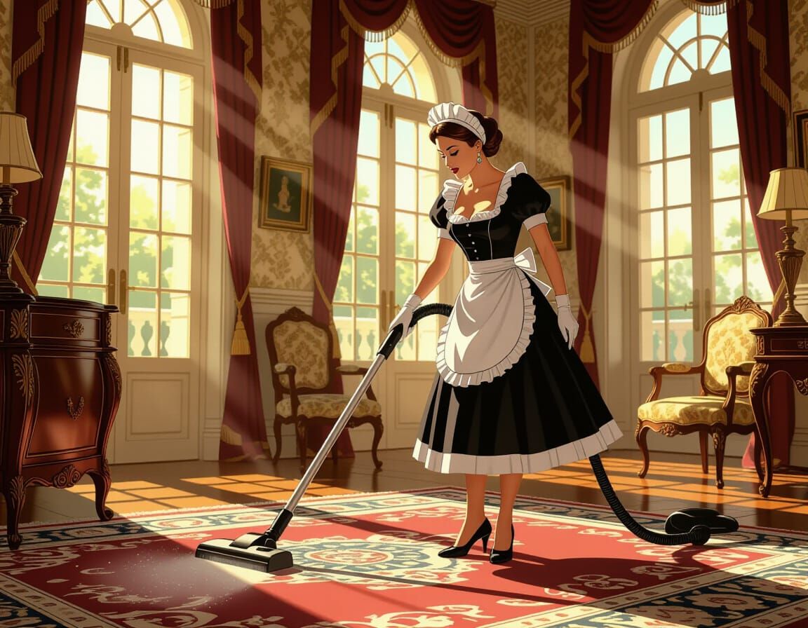 French Maid Cleaning Grand Manor in Illustrative Style