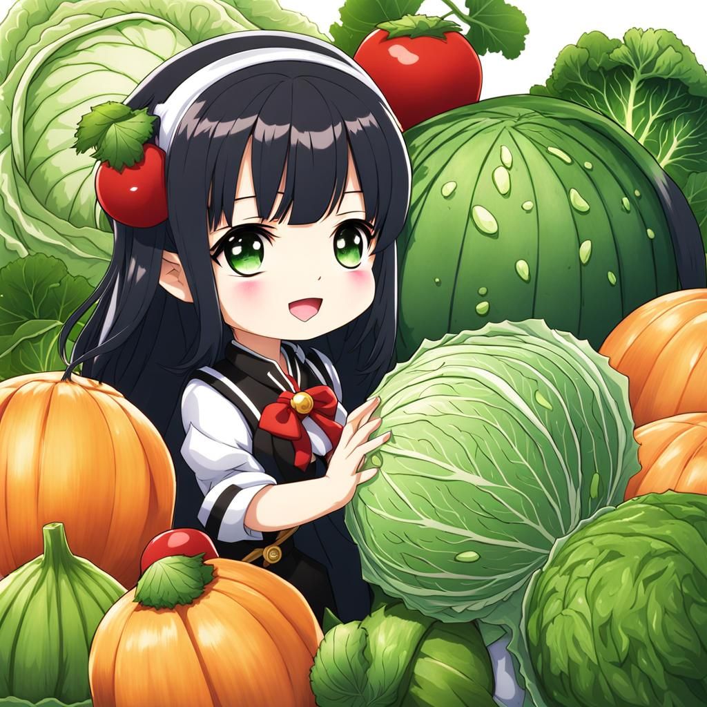 Chibi Girl with Vegetables in Anime Style