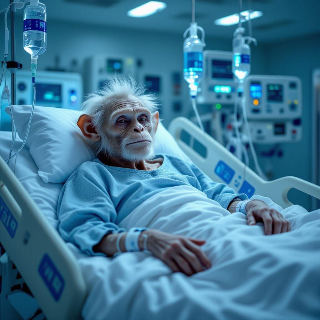 Futuristic Hospital Scene with Frail Monkey-Like Patient