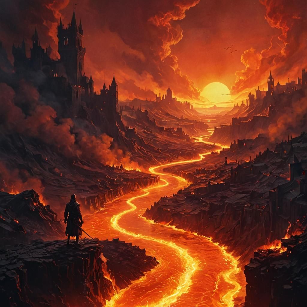 Dark Fantasy: Molten River in Burning City