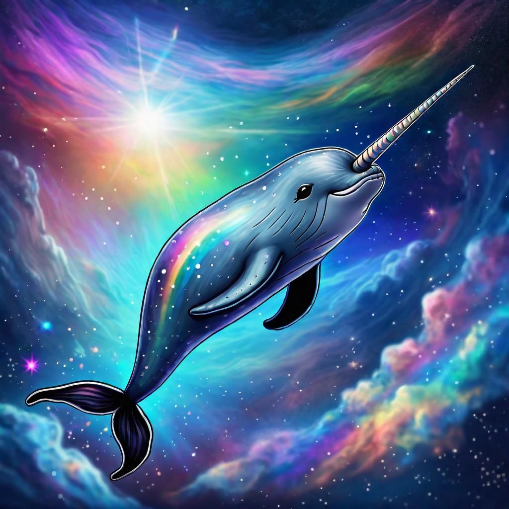 Realistic Narwhal Flying Through Rainbow Cosmos