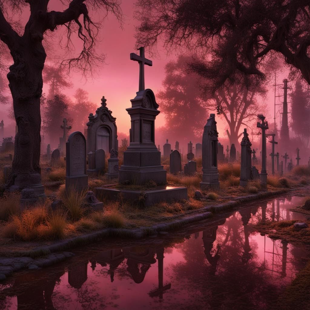 Haunted Victorian Graveyard at Sunset
