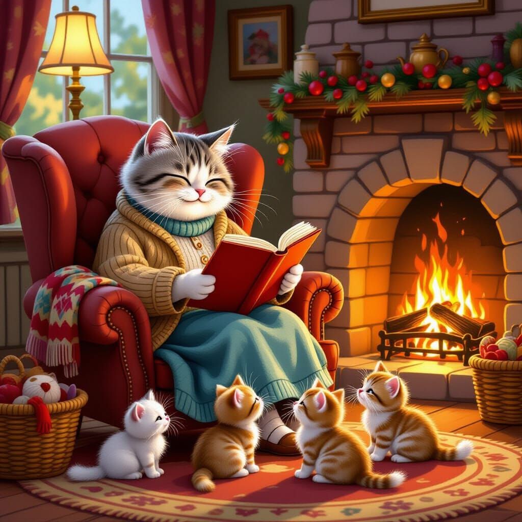 Cozy Cat Granny Reading to Kittens by Fireplace