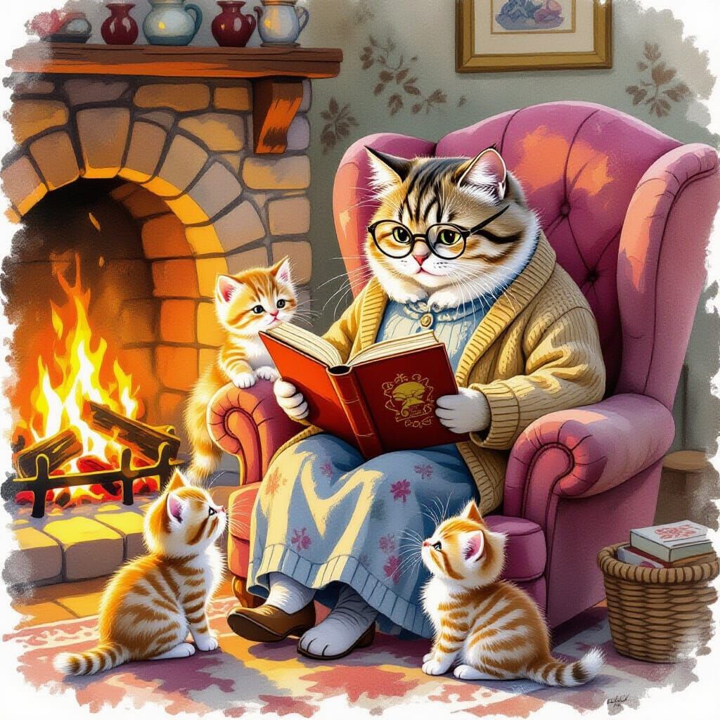 Cozy Cat Granny Reads to Kittens by Fireplace