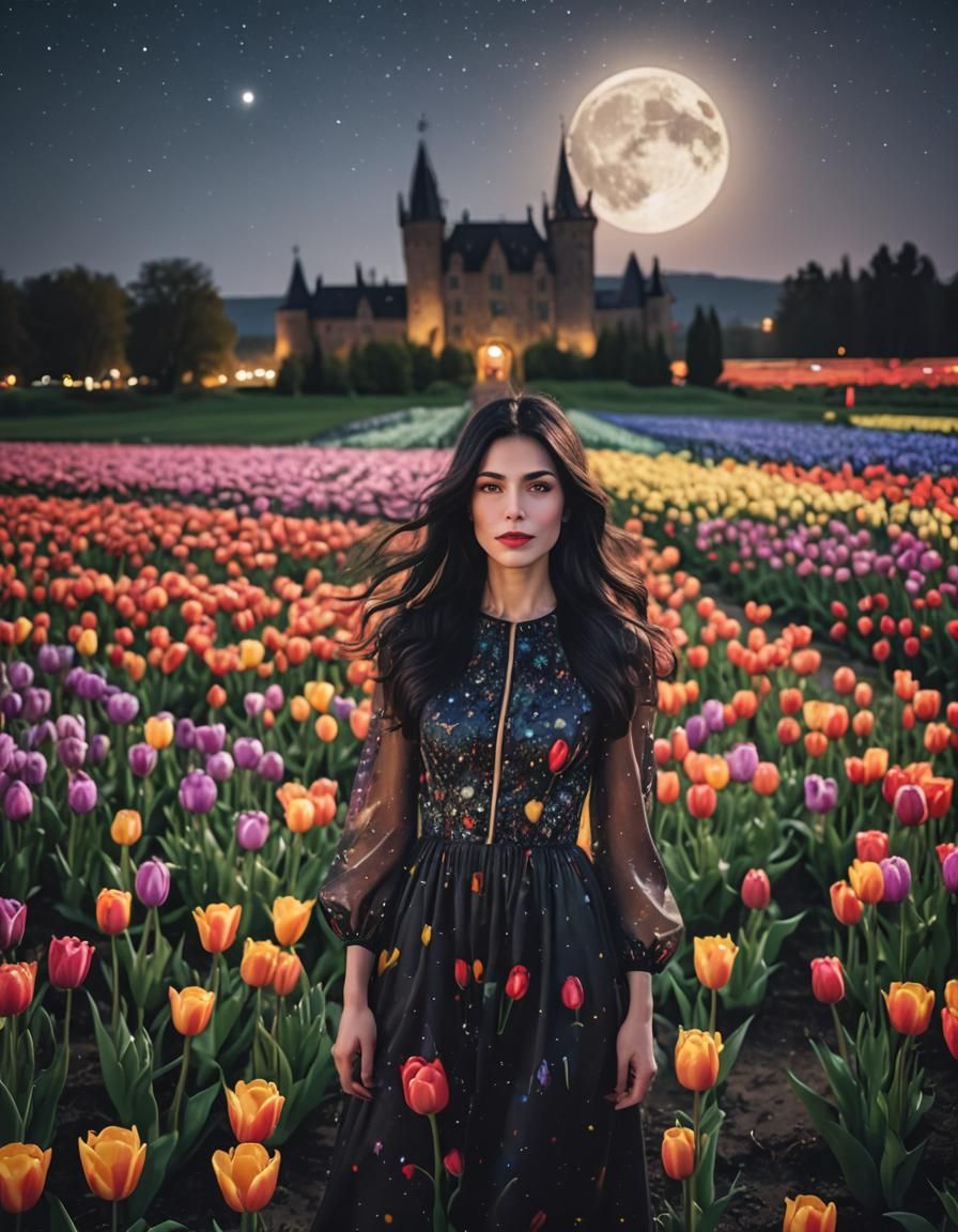 Woman in a field of tulips at night
